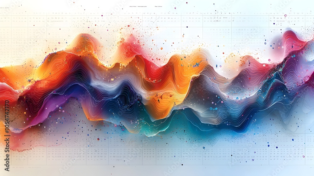 Poster Detailed data visualization featuring colorful line charts intersecting a bar chart with a complex grid backdrop highlighting intricate data analysis and business insights