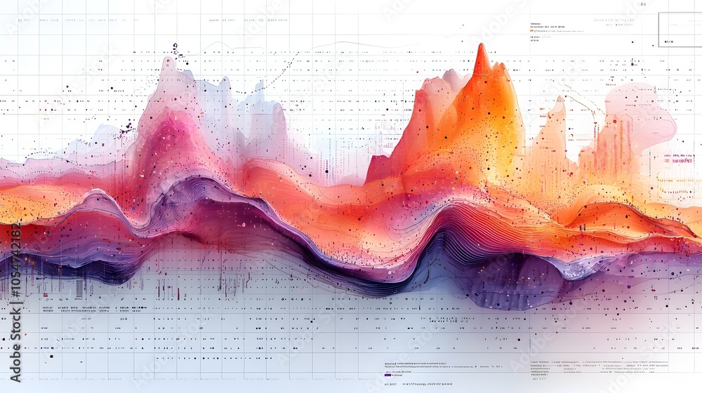 Aufkleber Detailed data visualization featuring intersecting colorful line charts and a bar chart on a grid backdrop highlighting intricate data analysis and insights for financial reporting business strategy