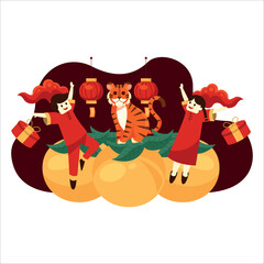 Two children, tiger, lanterns, gifts, oranges, red Chinese new year background.