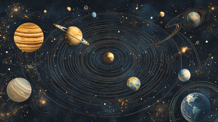 Detailed map of our solar system with planets in alignment. Solar System Map. Illustration