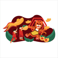 Two people holding flags while a tiger leaps with gold coins on a red background. Suitable for finance or animal themed designs.