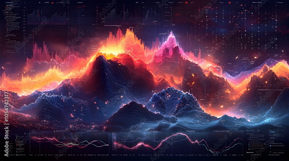 Poster Intricate data visualization featuring a combination of vibrant line charts overlaying a bar chart all set against a structured grid backdrop