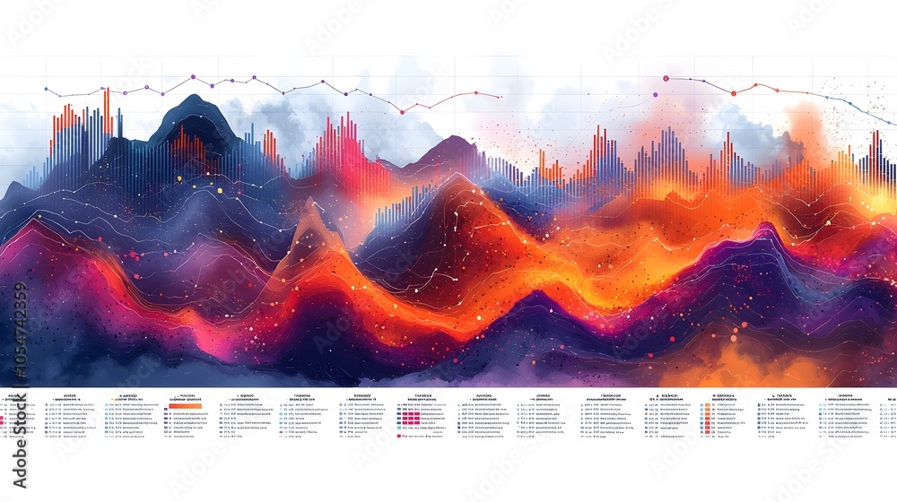 Aufkleber Detailed data visualization with vibrant overlapping line charts and bar charts set against a structured grid layout creating a complex and dynamic infographic for business analytics and reporting