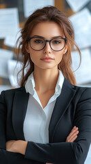 A woman wearing glasses and a black suit jacket. She is looking at the camera with a serious expression
