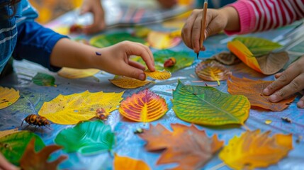 Children painting colorful fallen leaves in an arts and crafts class on a sunny autumn day, filled with happiness and enjoyment
