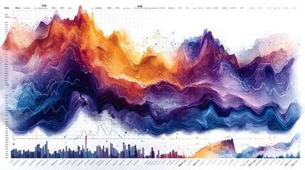 Vibrant overlapping line charts and bar charts set against a structured grid creating a detailed and intricate visualization of data analytics and financial statistics