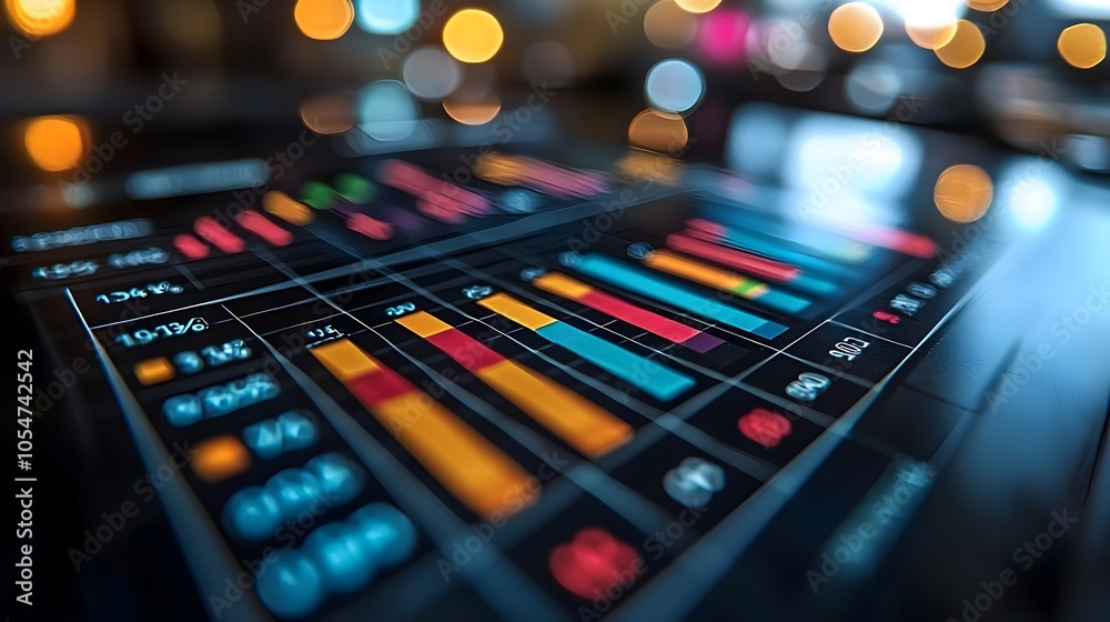 Poster Detailed colorful line charts and bar charts overlaid on a white grid background representing multi layered data analysis and financial performance indicators