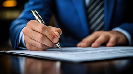 A man in a suit is writing with a pen on a piece of paper. Concept of professionalism and formality, as the man is dressed in a suit and tie