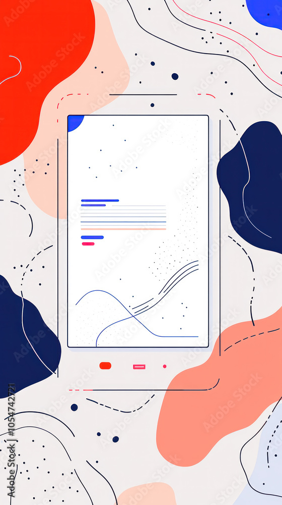 Poster a phone screen with a white background and a blue and red swirl pattern. the phone is displaying a m