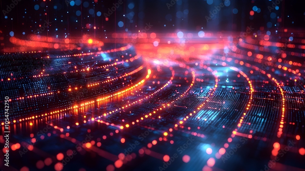 Poster Futuristic 3D tech circle design with glowing digital lines points and elements against a dark background symbolizing big data technological advancements and digital transformation