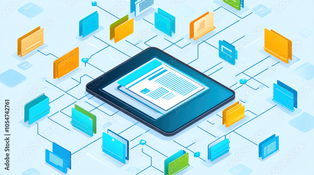 Poster a tablet with many files and folders on it. the image is of a computer screen with many files and fo