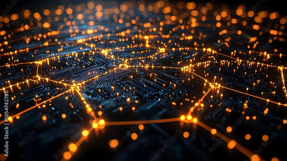 Poster Futuristic 3D tech circle design with glowing digital lines and data points against a dark background symbolizing big data technological advancements and innovative digital concepts