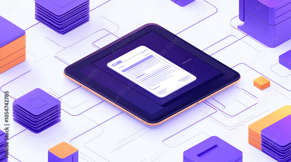 Poster a tablet with a document on it is surrounded by a lot of blocks. the blocks are of different sizes a