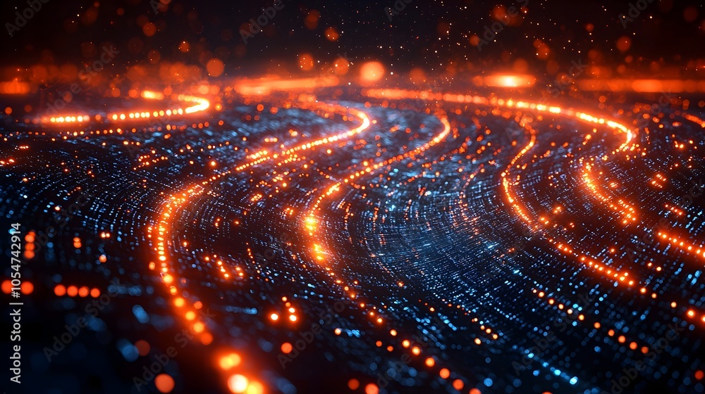 Poster Glowing tech circles with flowing data streams and circuits floating on a dark backdrop representing advanced technology big data and digital innovation in a 3D abstract design
