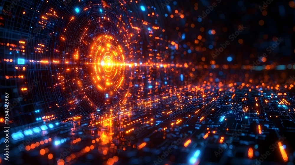 Aufkleber Abstract futuristic tech circle with glowing data streams and circuits floating on a dark backdrop representing advanced technology and big data in 3D