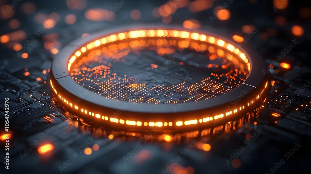 Aufkleber Futuristic digital circle with dynamic data points and glowing lines placed on a dark background showcasing technology and big data concepts in a captivating 3D visualization
