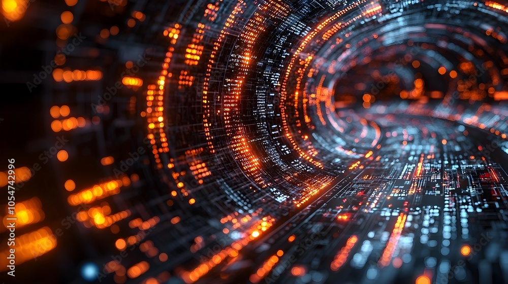 Aufkleber Futuristic digital circle with dynamic data points and glowing lines placed on a dark background showcasing advanced technology and big data concepts in a captivating 3D digital artwork