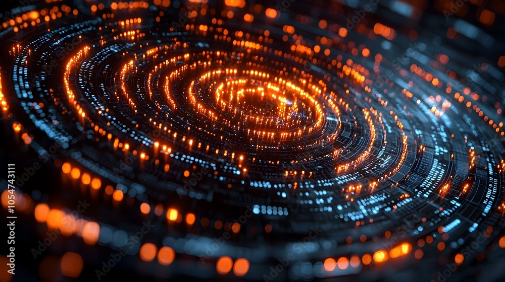 Poster Glowing 3D rendered tech circle with layered digital elements representing big data processing and technological innovation on a dark backdrop