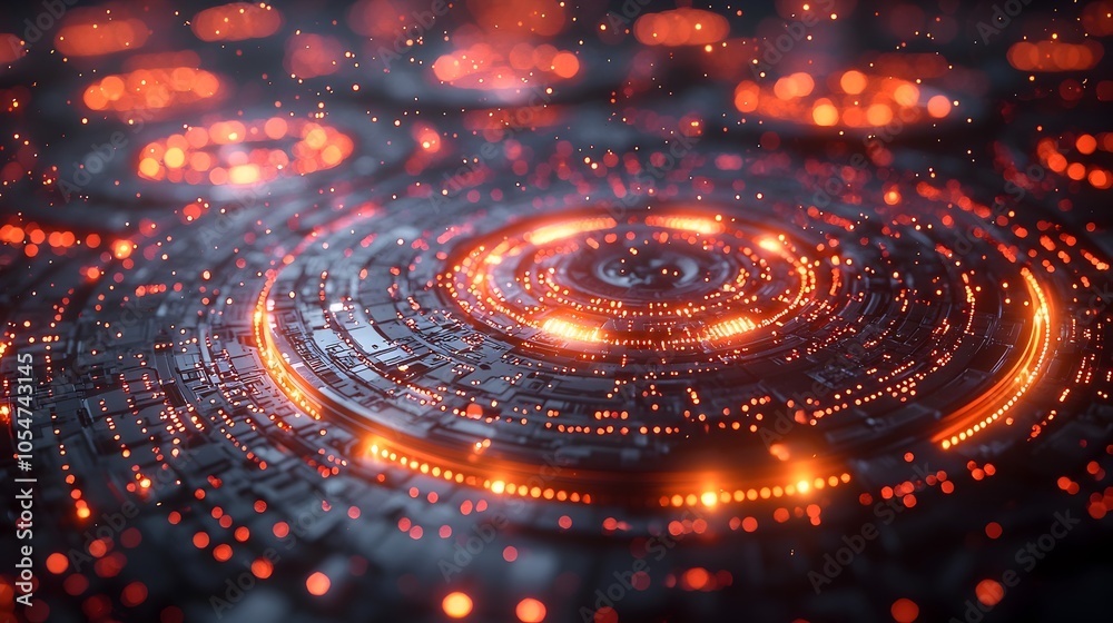 Poster A 3D rendered tech inspired circle with vibrant glowing digital elements layered on a dark backdrop symbolizing the dynamic and innovative nature of data processing and technological advancements