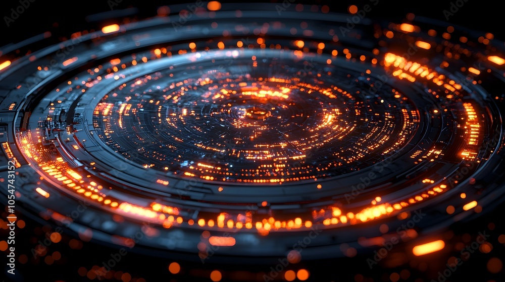 Poster Captivating 3D rendered technology circle with glowing digital elements layered on a dark backdrop