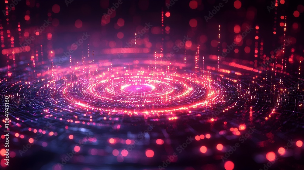 Aufkleber Futuristic 3D rendered digital circle with neon tech elements floating on a dark background representing big data and advanced technology concepts  The image conveys a sense of innovation