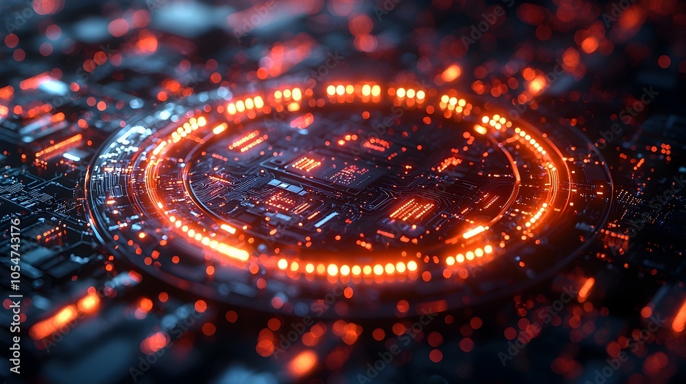 Poster Futuristic 3D rendered digital circle with glowing neon tech elements floating gracefully on a dark atmospheric background representing advanced technology big data and innovative digital concepts