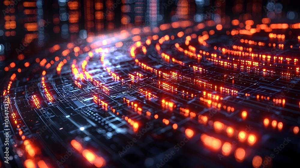Aufkleber Futuristic 3D rendered digital neon tech circle floating on a dark background representing advanced big data and technology concepts  The dynamic glowing geometric shape creates a sense of energy