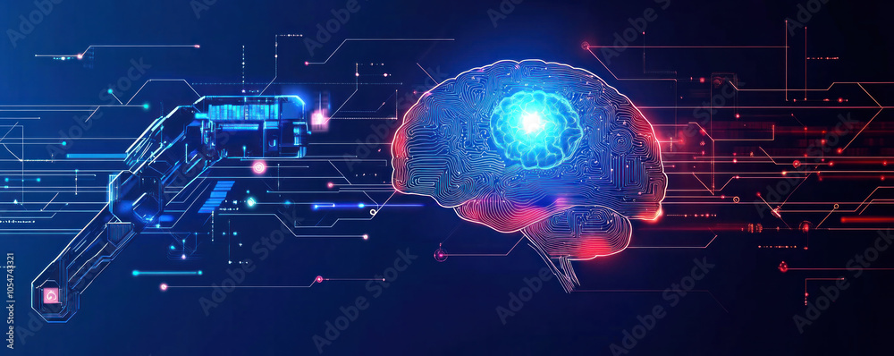Poster a computer generated image of a brain with a blue light in the middle. the image is a representation