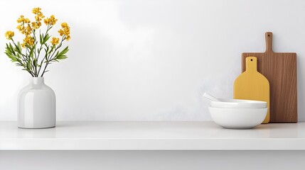 Bright and Airy Minimalist Kitchen Interior Featuring a Sleek Bar Counter Modern Sink and Neatly Arranged Kitchenware on Open Shelves