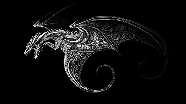 Dragon tattoo isolated, tribal wyvern silhouette, black white dragon, abstract generative ai illustration. Celtic Dragon. Illustration