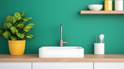 Sleek and modern kitchen interior featuring a bar counter with a built in sink kitchenware neatly arranged on open shelves in a bright and airy design perfect for contemporary homes