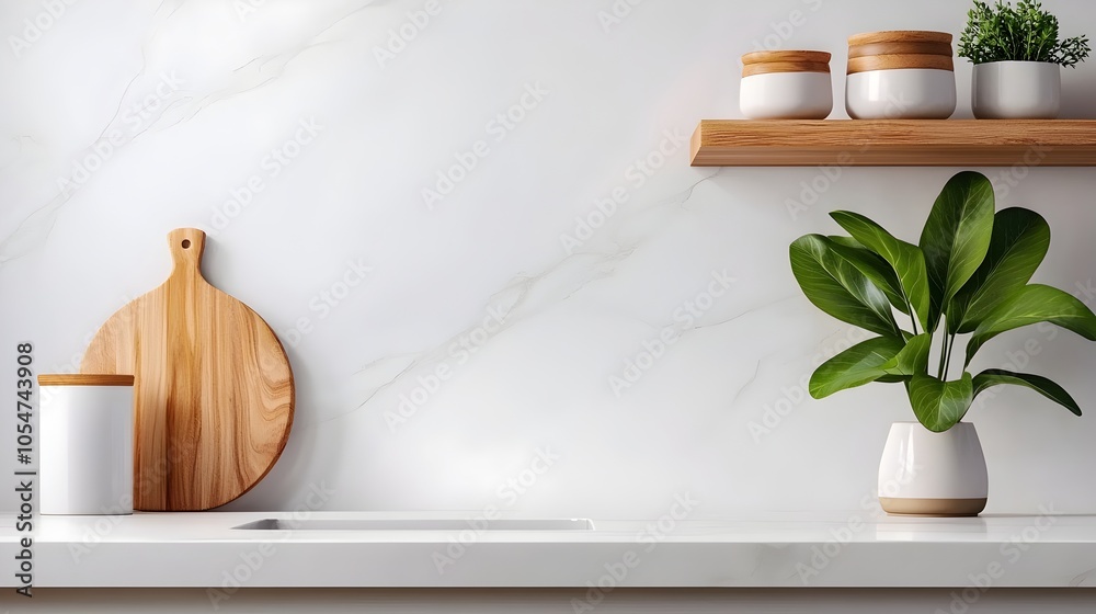 Poster elegant and inviting kitchen interior with light colors bar counter sink and kitchenware displayed o