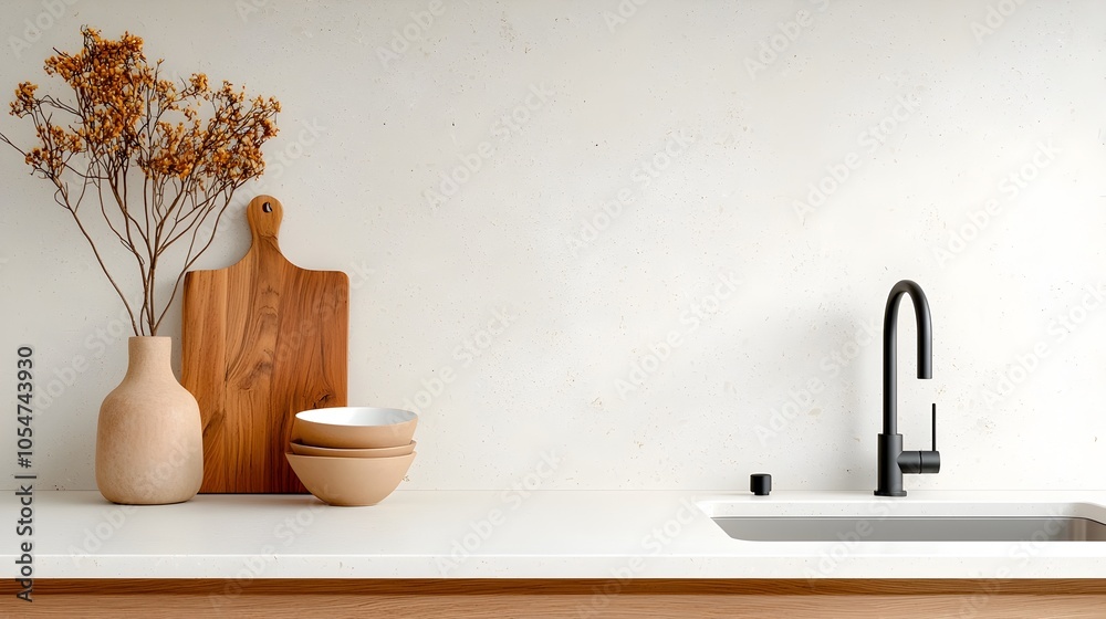 Poster stylish and inviting light filled kitchen interior with a bar counter sink and kitchenware neatly pl