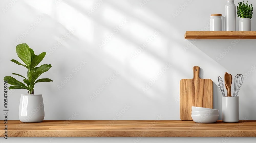Poster bright and airy modern kitchen design with a bar counter sink and neatly organized shelves displayin