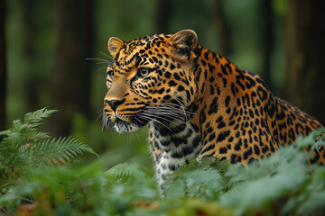 Obraz premium A leopard is standing in the forest, looking at the camera. Concept of curiosity and strength, as the leopard is a powerful and majestic animal. The lush green forest provides a natural