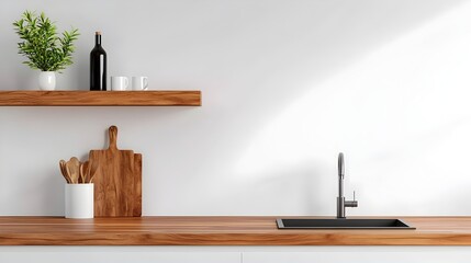 Airy and Minimalist Kitchen Design with Bar Counter and Neatly Organized Shelves Ideal for Modern Photography