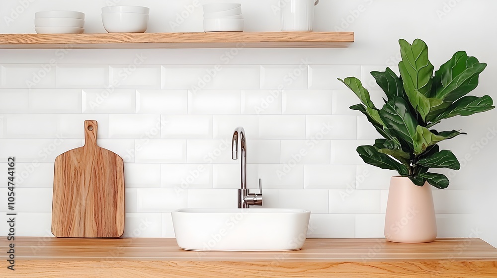 Poster Warm and Inviting Modern Light Kitchen with Bar Counter Stylish Sink and Shelves Filled with Kitchen Essentials Creating a Functional and Visually Appealing Cooking Space