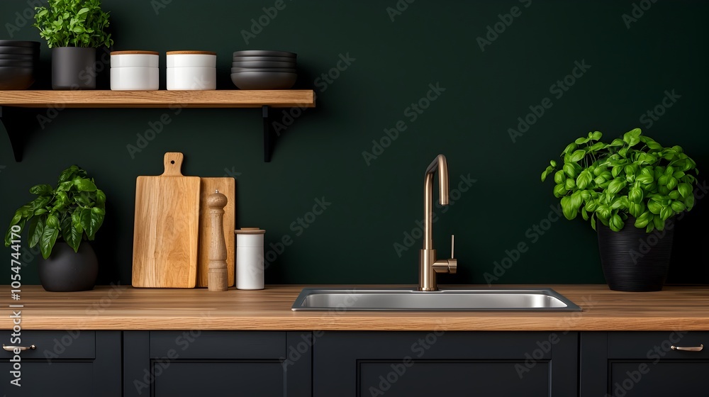 Poster Spacious and light filled modern kitchen with a sleek bar counter gleaming sink and open shelves displaying a variety of kitchenware creating an inviting and functional cooking and dining atmosphere