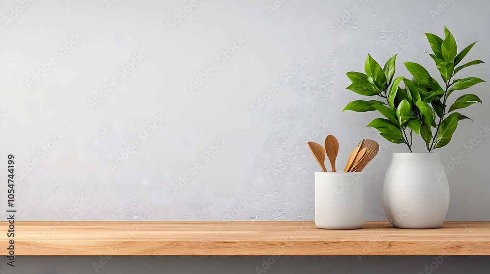 Poster Spacious and well equipped modern kitchen featuring a light filled open design with a gleaming bar counter ample shelving for displaying kitchenware