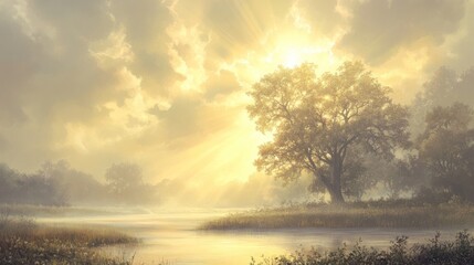 A lone tree stands tall against a backdrop of a golden sunrise, casting a warm glow over a river shrouded in morning mist.