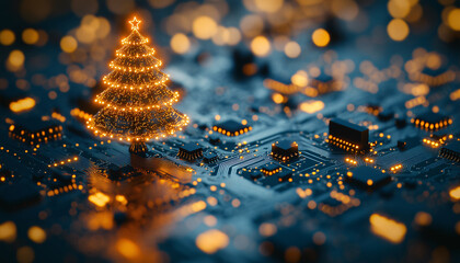 futuristic Christmas tree on a circuit board background with bokeh lights for a holiday digital technology concept