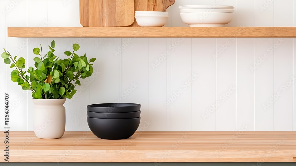 Poster sleek and organized modern minimalist kitchen with open shelving bar counter and essential home cook