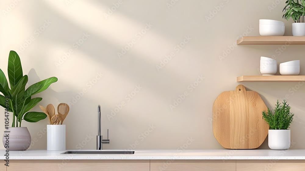 Poster stylish and light modern kitchen with a functional bar counter clean sink and shelves with various k