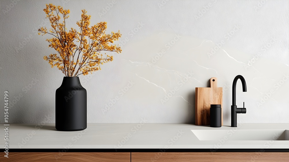 Poster bright and modern kitchen interior featuring a sleek bar counter sink and neatly displayed kitchenwa