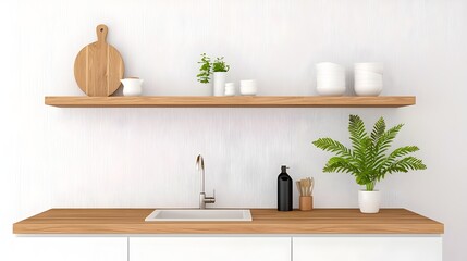 Sleek and modern kitchen design with a functional bar counter clean sink and shelves with various kitchenware perfect for home and interior photography