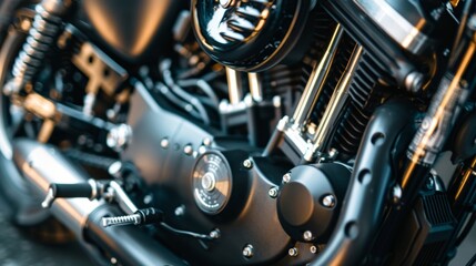 Fototapeta premium The chromed elements of this powerful v twin engine are gleaming in the sunlight. The photo is taken from the left side of the motorcycle