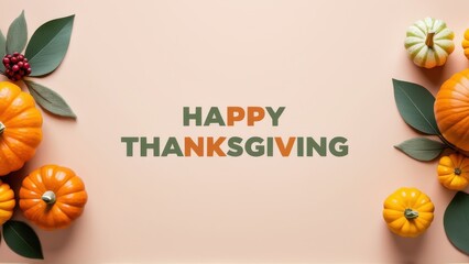 Stylish happy thanksgiving banner with trendy fonts on a clean background, framed by vibrant autumn tones and minimalist pumpkins and leaves.