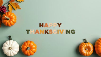 Artistic happy thanksgiving banner with elegant script text, set against a light background with watercolor fall leaves and pumpkins for a sophisticated appeal.