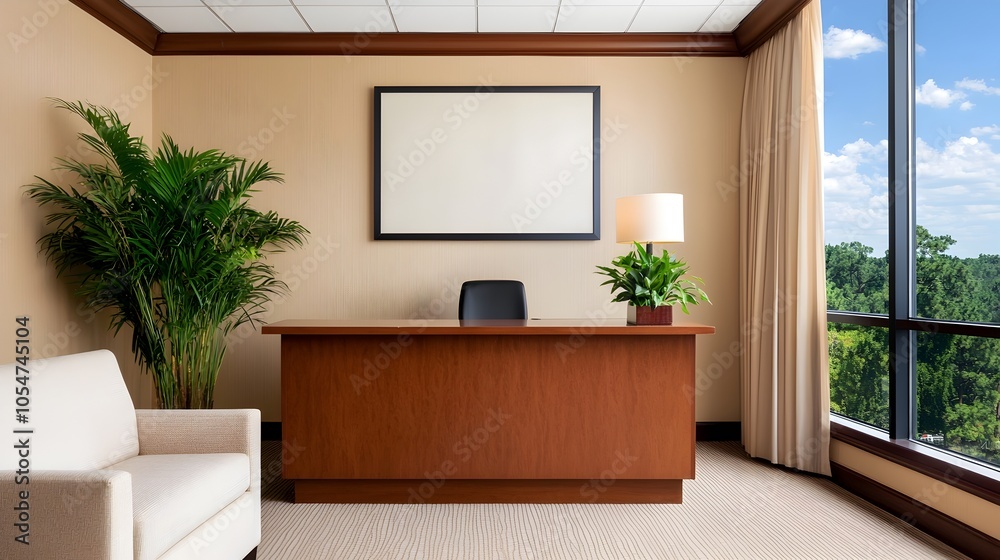 Poster stylish and inviting hotel lobby reception area showcasing a sleek desk and floor to ceiling panoram