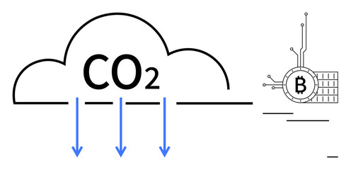CO2 cloud with arrows pointing downward alongside a Bitcoin symbol demonstrates the environmental impact of cryptocurrency mining. Ideal for environmental awareness, cryptocurrency impacts